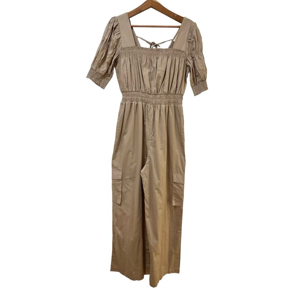 Anthropologie Du Paradis Wide Leg‎ Smocked Jumpsuit Size L Khaki Square Neck NWT